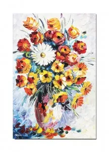 Tablou pictat manual, Aranjament floral in cutit, 60x40cm ulei pe panza efect 3D,