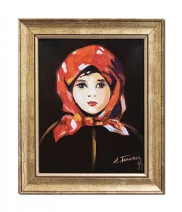 Tablou pictat manual inramat, Fetita cu basma rosie (4) - 30x25cm ulei panza, reproducere Nicolae Grigorescu