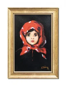 Tablou pictat manual inramat, Fetita cu basma rosie (4) - 35x25cm ulei panza, reproducere Nicolae Grigorescu