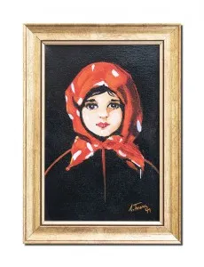 Tablou pictat manual inramat, Fetita cu basma rosie (7) - 35x25cm ulei panza, reproducere Nicolae Grigorescu