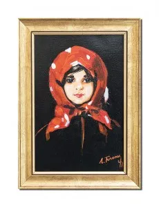 Tablou pictat manual inramat, Fetita cu basma rosie (8) - 35x25cm ulei panza, reproducere Nicolae Grigorescu