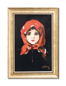 Tablou pictat manual inramat, Fetita cu basma rosie (9) - 35x25cm ulei panza, reproducere Nicolae Grigorescu