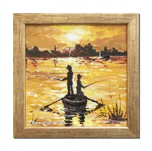 Tablou pictat manual inramat, Rasarit de soare cu pescarii norocosi, 25x25cm ulei panza