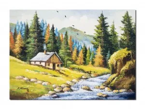 Tablou living pictat manual living, Peisaj de la munte, oaza de liniste, 70x50cm pictura ulei pe panza