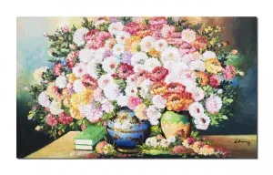 Tablou pictat manual living, dormitor, Vaza cu crizanteme, 100x60cm ulei pe panza, gata de expus pe perete