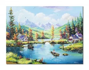 Tablou GIGANT pictat manual, Maretie, peisaj de la munte cu pescari, 120x90cm pictura ulei pe panza