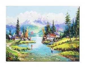 Tablou pictat manual GIGANT living, Maretie, peisaj de la munte cu pescarul norocos, 120x90cm