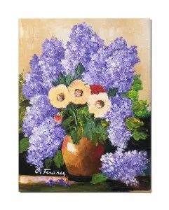 Tablou pictat manual dormitor, living, hol, Aanjament floral cu liliac, parfum de sarbatoare, 40x30cm ulei pe panza,1