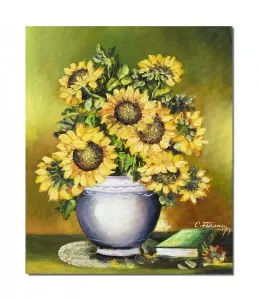 Tablou pictat manual, Vaza cu floarea soarelui si carte, 60x50cm ulei pe panza