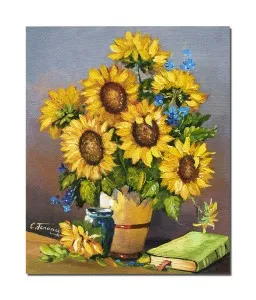 Tablou pictat manual living, dormitor, Floarea soarelui, albastrele si carte, 60x50cm ulei pe panza
