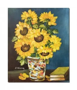 Tablou pictat manual living, dormitor, Vaza cu floarea soarelui si carti, 60x50cmulei pe panza