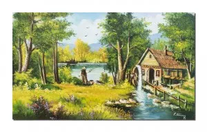 Tablou pictat manual living, La moara cu noroc, peisaj din natura cu pescar, 100x60cm ulei pe panza