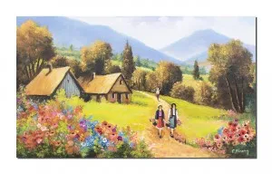 Tablou pictat manual living, La zi de sarbatoare, tarancute cu flori, 100x60cm ulei pe panza