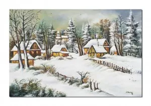 Tablou gigant pictat manual living, Peisaj hibernal, iarna pe ulita, 120x80cm ulei pe panza