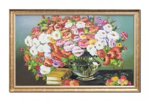 Tablou pictat manual inramat, Vaza cu flori si carti, poem floral, 110x70cm ulei pe panza, rama din lemn