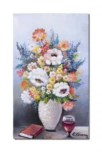 Tablou pictat manual, Vaza cu flori, carte si pahar cu vin, 50x30cm ulei pe panza,