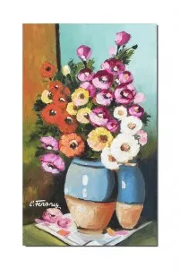 Tablou flori pictat manual, Vaza cu anemone, 50x30cm ulei pe panza, 
