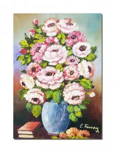 Tablou pictat manual, Vaza cu trandafiri si carti, 50x35cm pictura ulei pe panza
