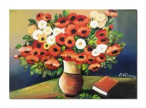 Tablou pictat manual, Vaza cu anemone si carte, 50x35cm pictura ulei pe panza,