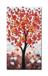 Tablou pictat manual, Copacul vietii, bucurie in rosu, 90x50cm ulei pe panza in cutit efect 3D