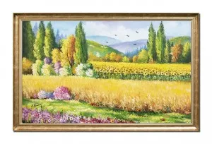 Tablou pictat manual inramat, Peisaj cu lan de grau si floarea soarelui, 110x70cm ulei pe panza