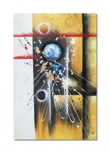 Tablou abstract pictat manual living, birou, Calatorie spatiala, 90x60cm ulei pe panza in relief efect 3D