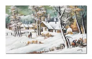 Tablou pictat manual living, Amintiri din copilarie, peisaj de iarna, 100x60cm ulei pe panza
