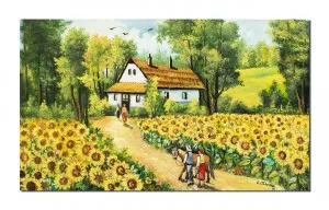 Tablou pictat manual dormitor, living, La casa bunicilor, camp cu floarea soarelui, 100x60cm ulei pe panza