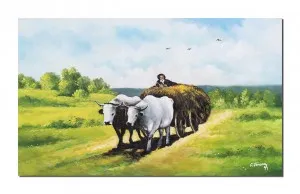 Tablou pictat manual living, Carul cu boi, 100x60cm ulei pe panza, reproducere Nicole Grigorescu
