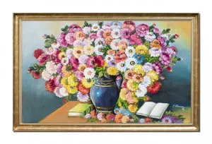 Tablou pictat manual inramat, Carafa cu flori multicolore si carti, poem floral, 110x70cm ulei pe panza,