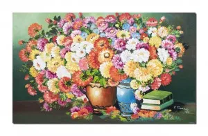 Tablou pictat manual living, dormitor, Vaze cu flori multicolore si carti, poezie florala, 100x60cm ulei pe panza