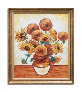 Tablou pictat manual inramat, Vaza cu floarea soarelui - 70x60cm ulei pe panza