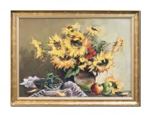 Tablou pictat manual inramat, Carafa cu floarea soarelui si fructe, 80x60cm ulei panza in cutit