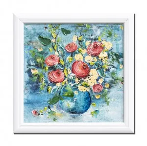 Tablou pictat manual inramat, Vaza cu trandafiri, 30x30cm pictura acril pe panza in cutit efect 3D
