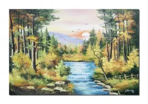 Tablou pictat manual GIGANT living, Peisaj din natura, apus de soare, 120x80cm ulei pe panz