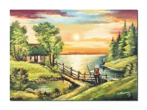 Tablou pictat manual living, dormitor, Apus de soare cu pescar, 70x50cm ulei pe panza
