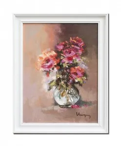 Tablou pictat manual inramat, Vaza cu trandafiri, 45x35cm ulei pe panza in cutit efect 3D, Geo Ungureanu