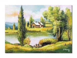 Tablou pictat manual living, dormitor, Peisaj din natura, oaza de liniste, 70x50cm ulei pe panza
