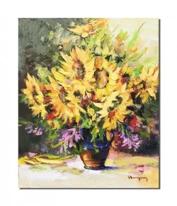 Tablou pictat manual, Carafa cu florea soarelui, 60x50cm ulei pe panza in cutit efect 3D