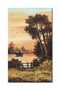 Tablou pictat manual, Apus de soare cu pescar in barca, 50x30cm ulei pe panza