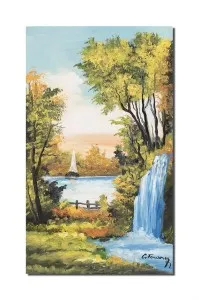 Tablou pictat manual, Peisaj din natura cu iola, la cascada, 50x30cm ulei pe panza,