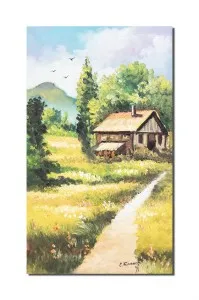 Tablou pictat manual, La cabana din padure, 50x30cm ulei pe panza