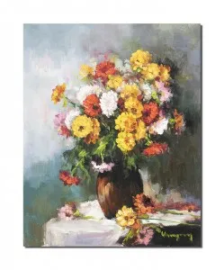 Tablou 3D cu flori pictat manual - Beatitudine, vaza cu crizanteme, 50x40cm ulei pe panza in cutit