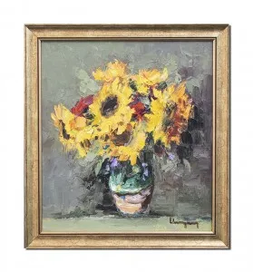 Tablou pictat manual inramat, Vaza cu floarea soarelui, 45x43cm ulei panza in cutit efect 3D