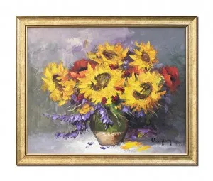 Tablou pictat manual inramat, Vaza cu floarea soarelui, 55x45cm ulei panza in cutit efect 3D